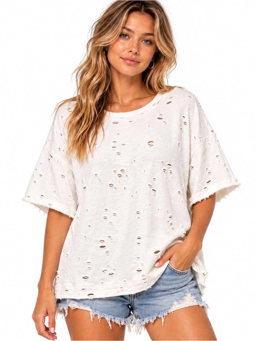 NWT Easel White Distressed Oversized Cotton Tee Top Small Boho